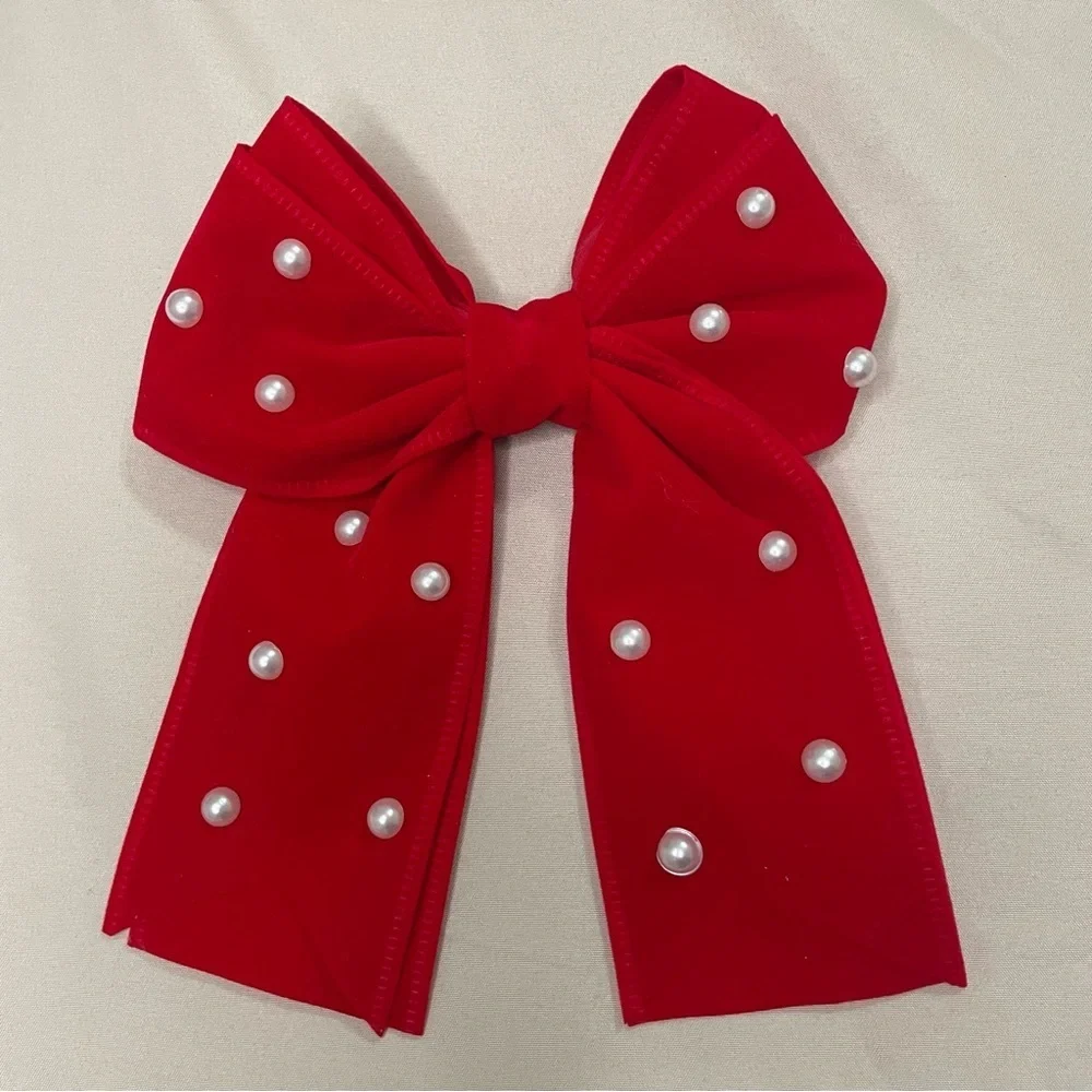 Red double layered pearl bow clip on accessories feminine chic valentines girl
